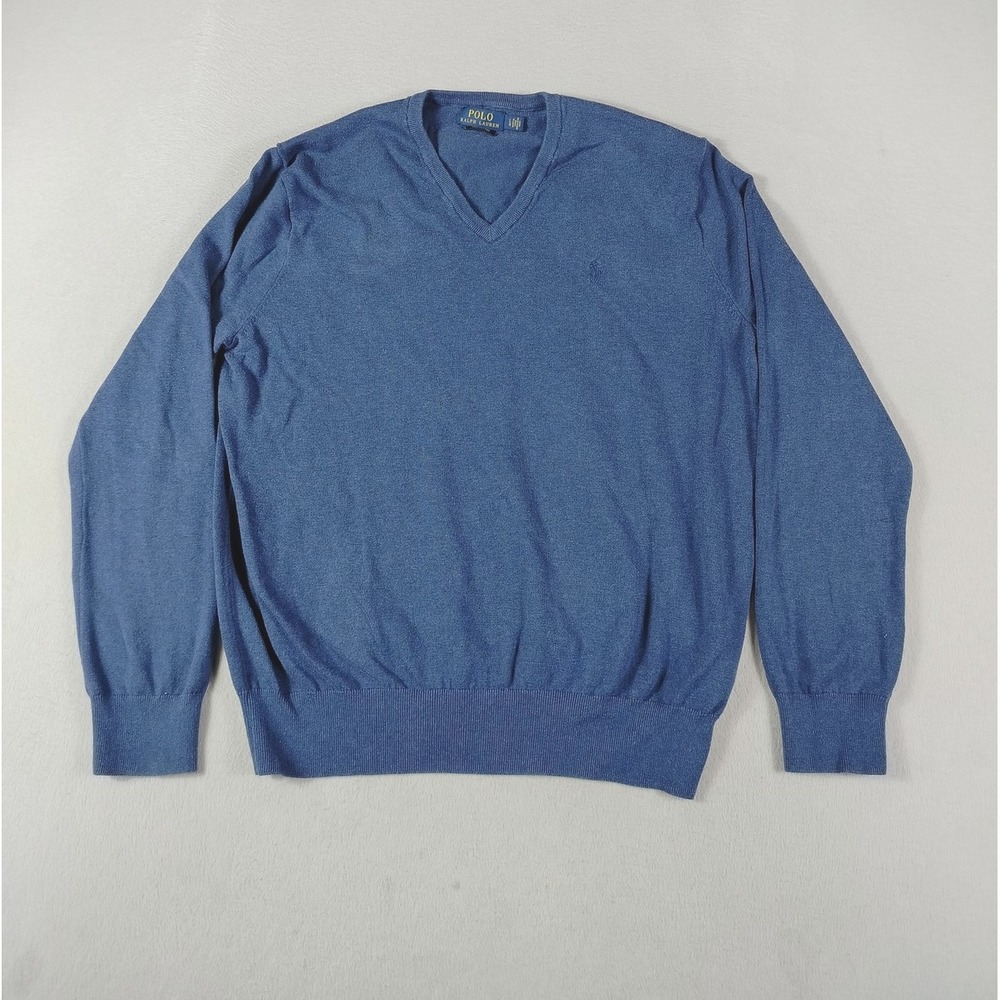 Polo Ralph Lauren Sweater Mens Large Blue Pima Cotton V Neck Pullover Knit